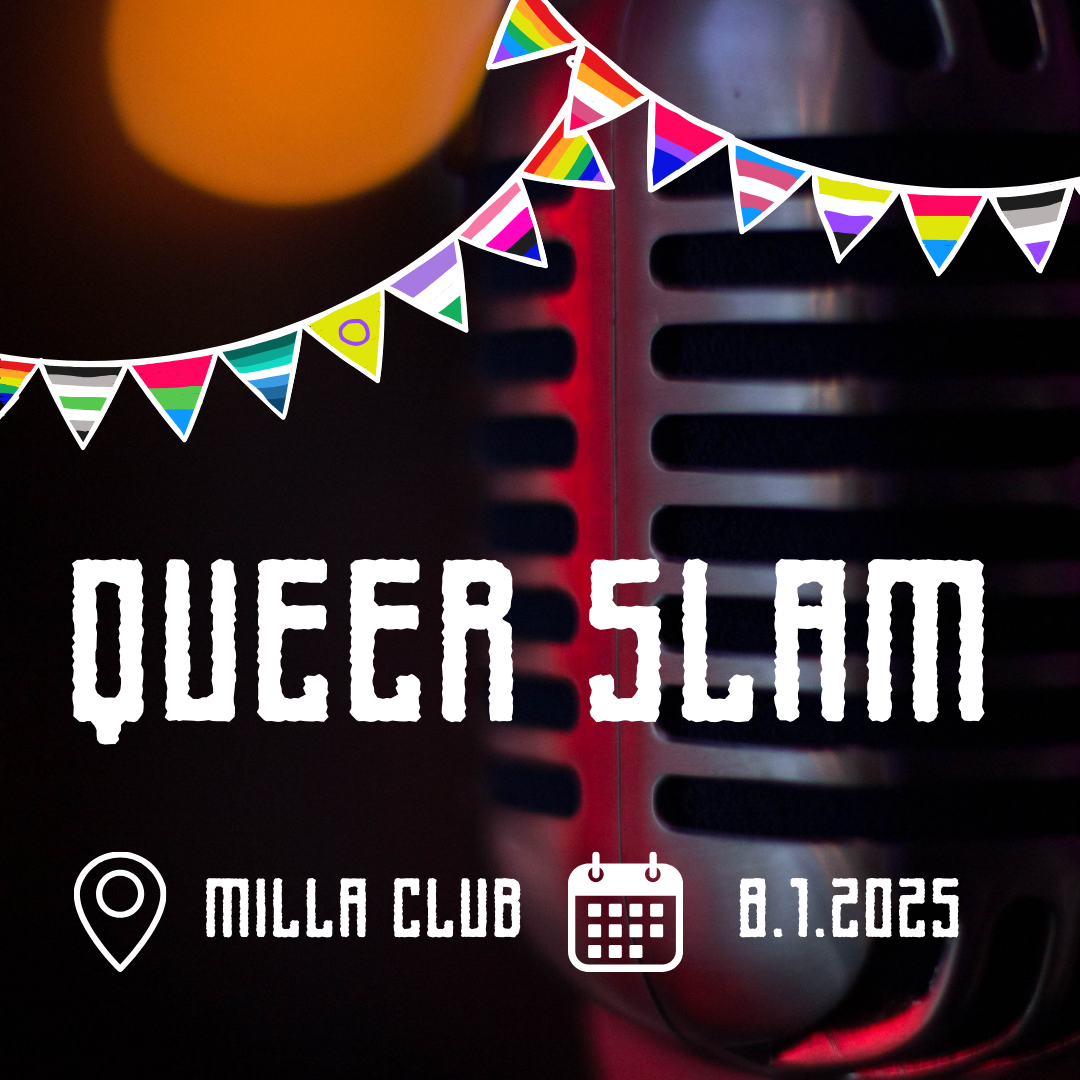 Logo des Queer Slams mit Überschrift "Queer Slam" und Ort "Milla Club" sowie Datum "8.1.2025"